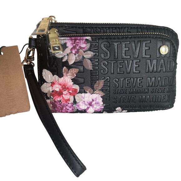 Steve Madden Wristlet Embossed Wallet Black Floral - Picture 1 of 8